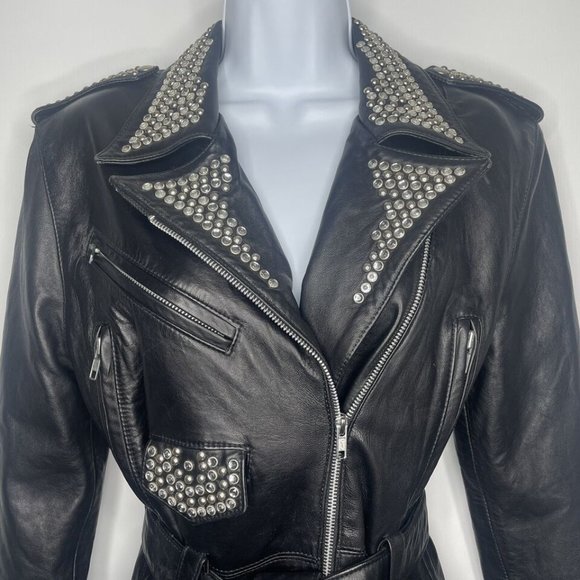 Vintage 80s/90s LA ROXX Black Studded Leather Belted Motorcycle Jacket - Picture 2 of 11